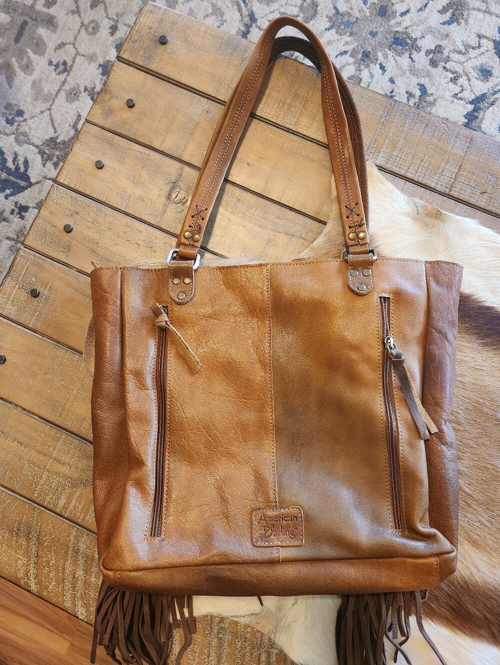 Hand-Painted Leather Fringe Tote Bag - Brown with Scenic Panel - Picture 4 of 5